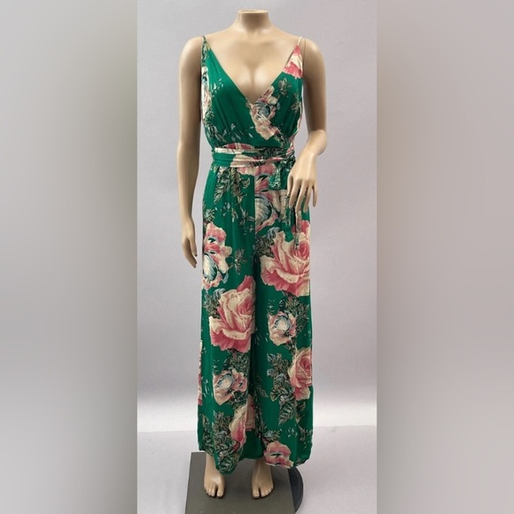 EUC! Free People Green Cabbage Rose Satin Wide Leg Open Back Jumpsuit Sz.8 - Picture 1 of 11